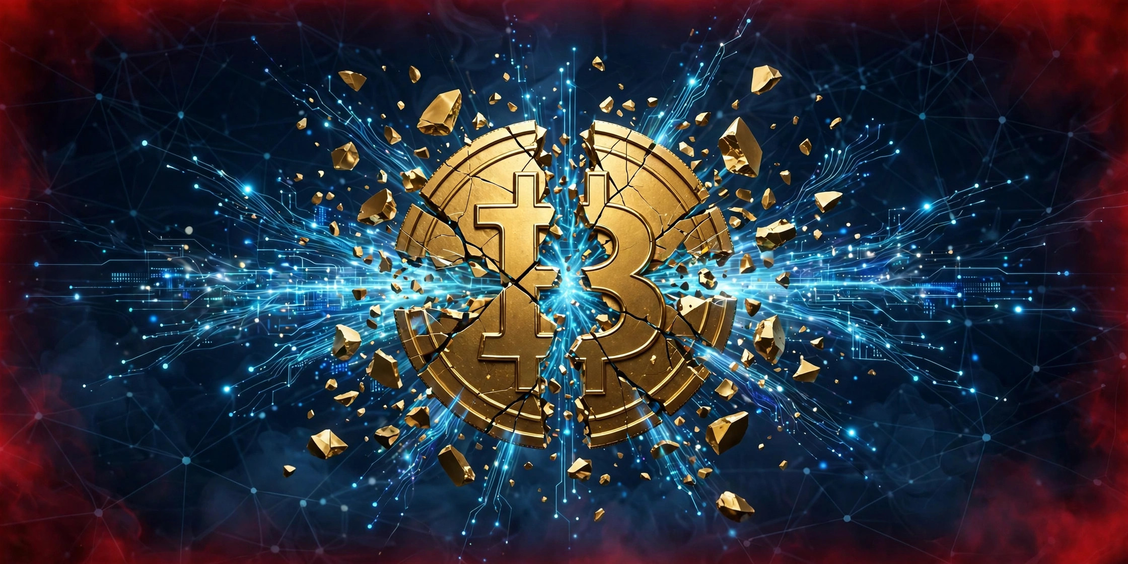 Binance hack: a cracked golden cryptocurrency coin shattering — up to $5.8B drained from hot wallets
